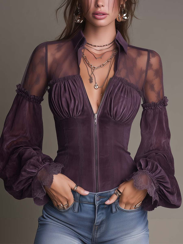 Vintage Lace Panel Zip-Front Collared Blouse