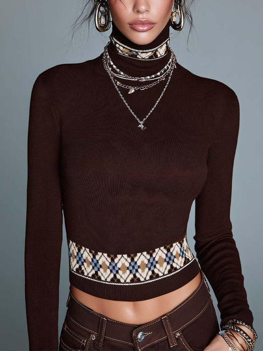 Ribbed Knit Top With Vintage-style Pattern Accents