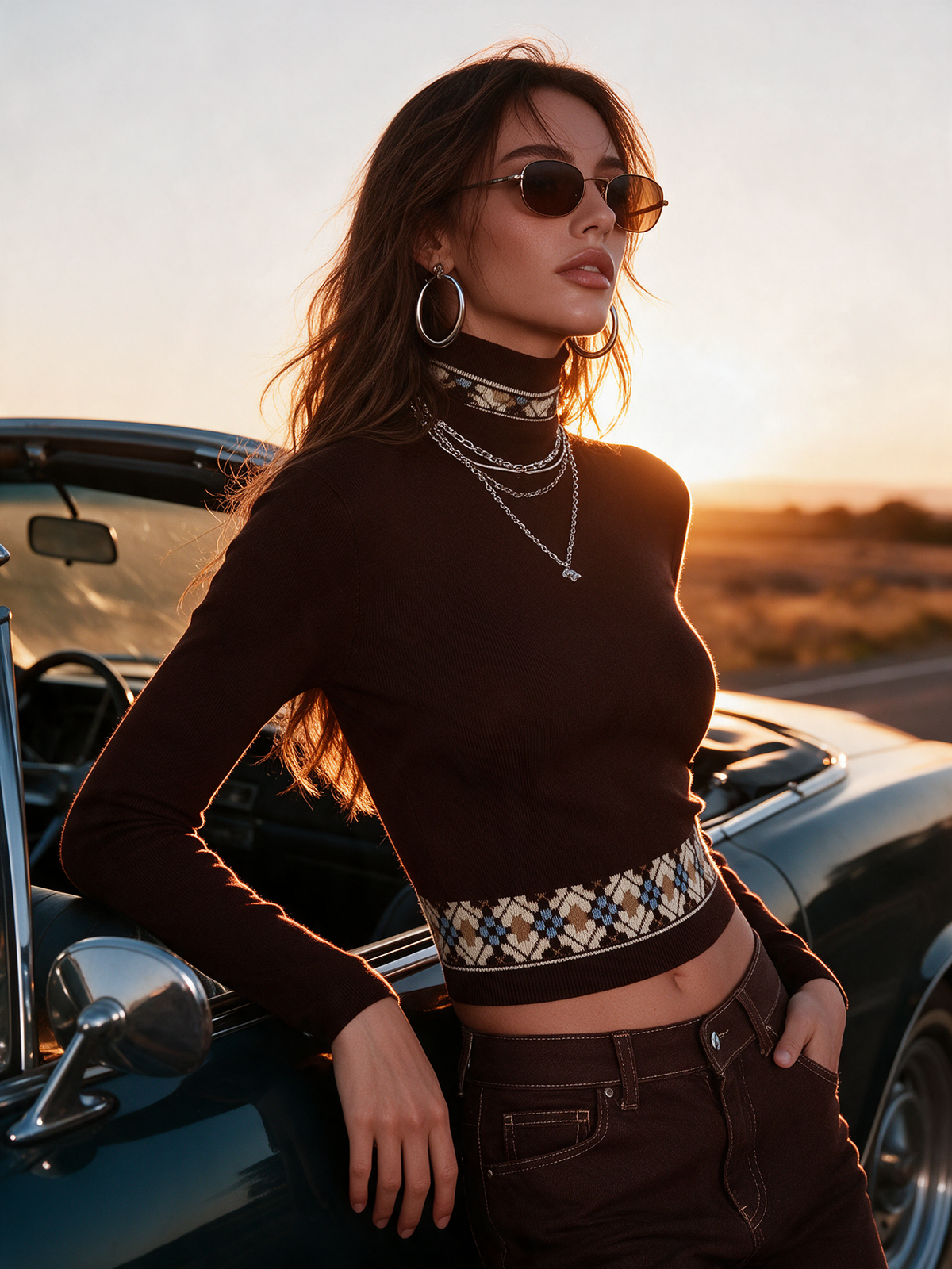 Ribbed Knit Top With Vintage-style Pattern Accents