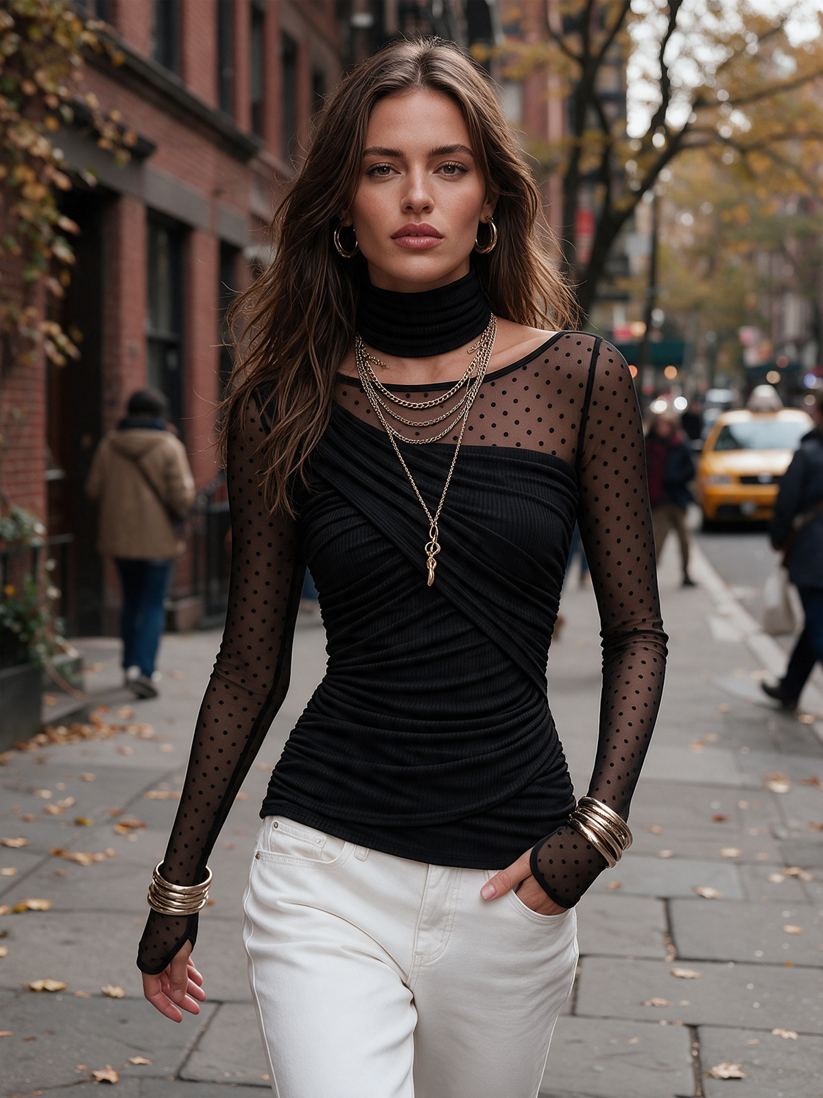 Women's Black Ruched Ribbed Knit Top with Sheer Polka Dot Mesh Long Sleeves