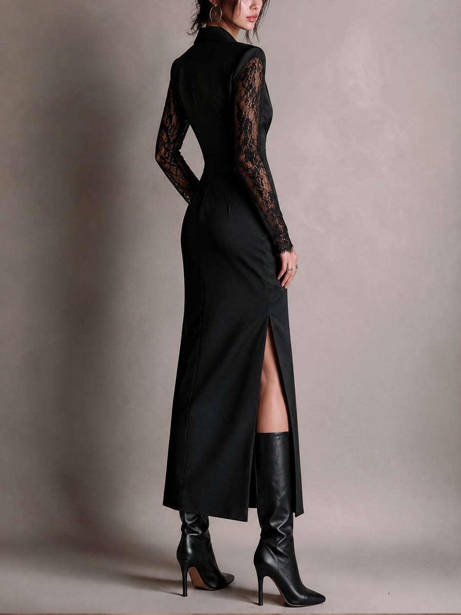 Women's Black Blazer Midi Dress with Lapel Collar, Deep V Neck, Lace Long Sleeves and Front Slit