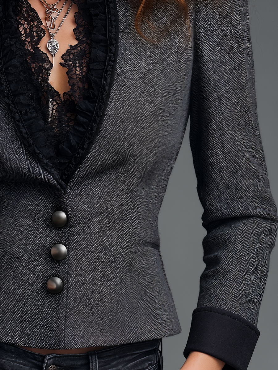 Vintage Charcoal Gray Herringbone Lace Trim Fitted Blazer