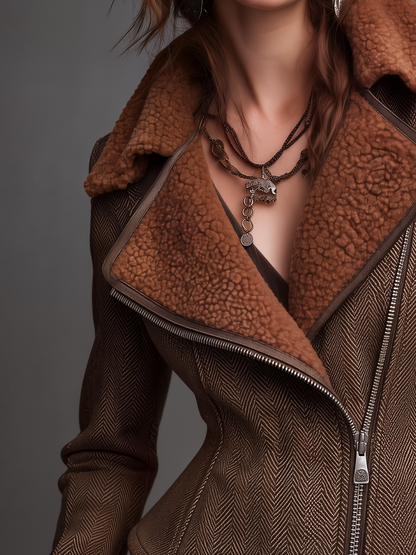 Vintage Cognac Brown Herringbone Faux Shearling Collar Jacket