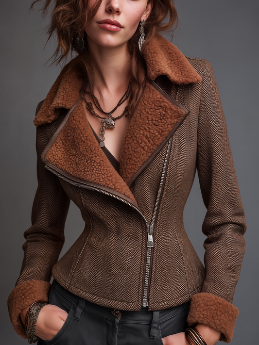 Vintage Cognac Brown Herringbone Faux Shearling Collar Jacket