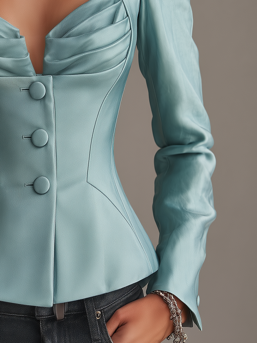 Elegant Sage Blue Sweetheart Neck Ruched Fitted Blazer