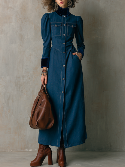 Vintage Dark Blue Puff Sleeve Button Front Denim Maxi Dress