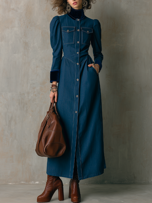 Vintage Dark Blue Puff Sleeve Button Front Denim Maxi Dress