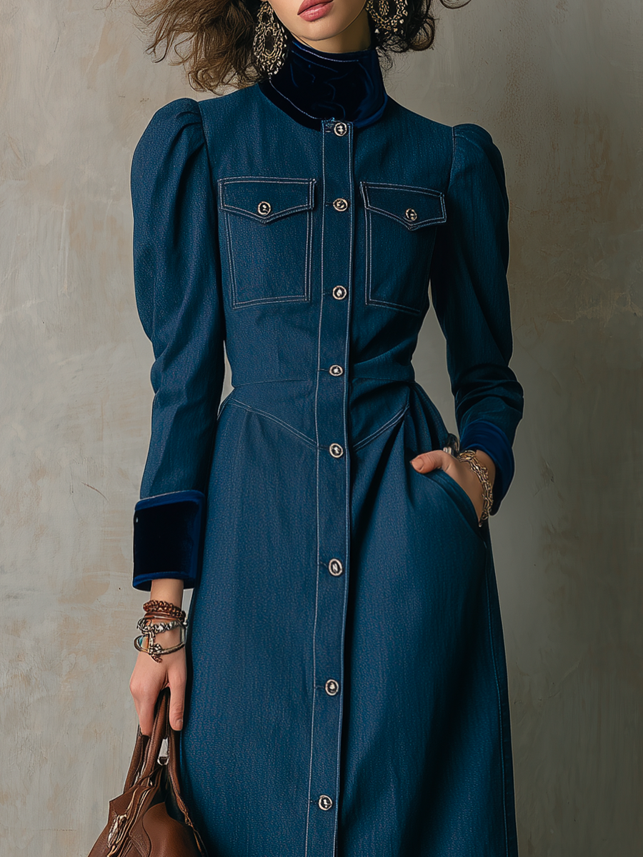 Vintage Dark Blue Puff Sleeve Button Front Denim Maxi Dress