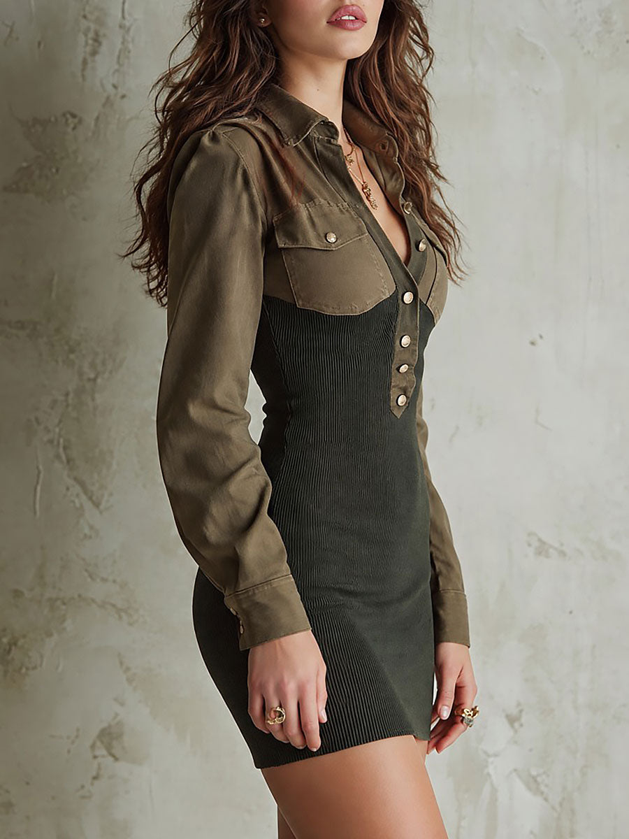 Olive Colorblock Shirt Collar Button Half-Placket Rib-Knit Bodycon Mini Dress with Flap Pockets