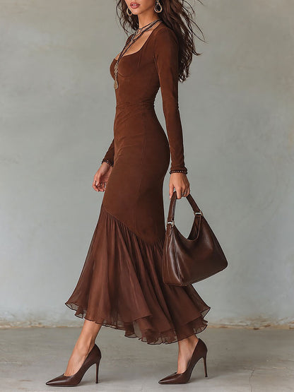 Boho Square Neck Long Sleeve Bodycon Maxi Dress with Chiffon Mermaid Hem