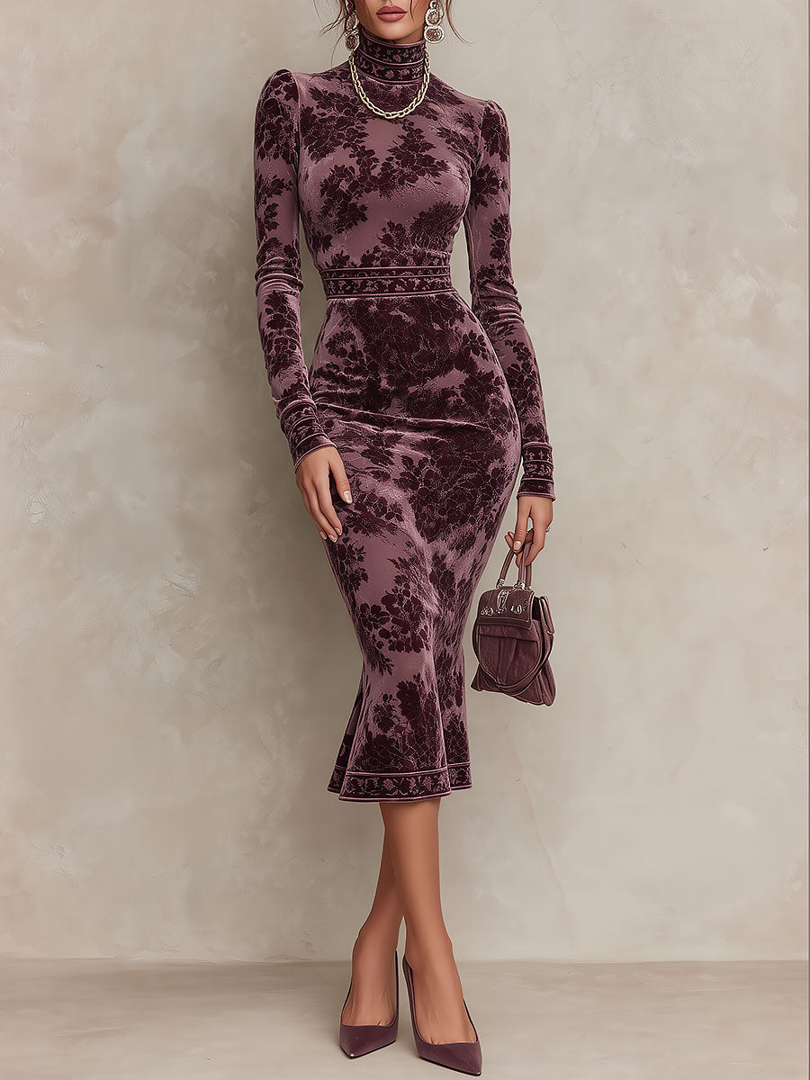 Retro Floral Print Velvet Mock Neck Long Sleeve Mermaid Midi Dress
