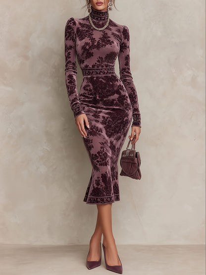 Retro Floral Print Velvet Mock Neck Long Sleeve Mermaid Midi Dress