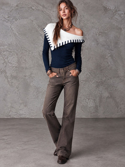 Women's Navy Asymmetric Fold-Over Collar Off-Shoulder Long Sleeve Top With Contrast Stitch Trim