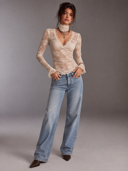 Ivory Sheer Floral Lace Deep V-Neck Long Sleeve Fitted Top with Eyelash Lace Trim