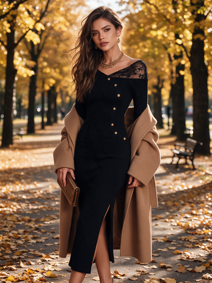 Women's Black Ribbed Knit Bodycon Side Slit Midi Dress With Lace Shoulder Panel