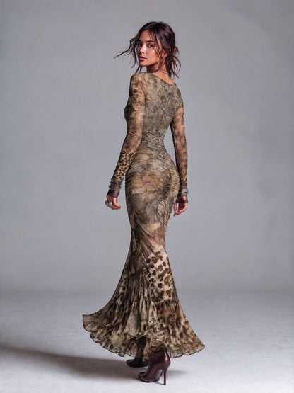 Women's Khaki Vintage Leopard Print Long Sleeve V-Neck Ruched Mermaid Maxi Dress