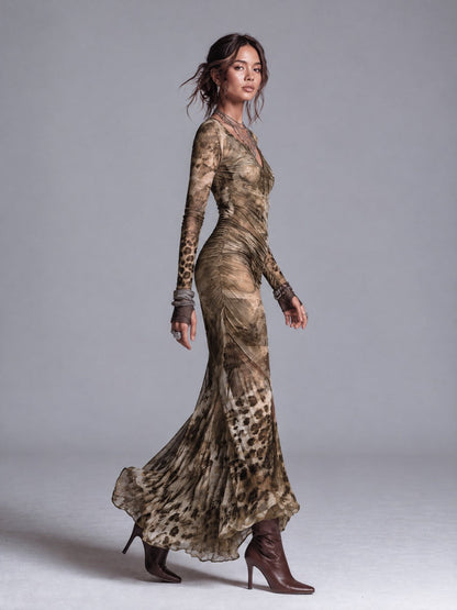 Women's Khaki Vintage Leopard Print Long Sleeve V-Neck Ruched Mermaid Maxi Dress