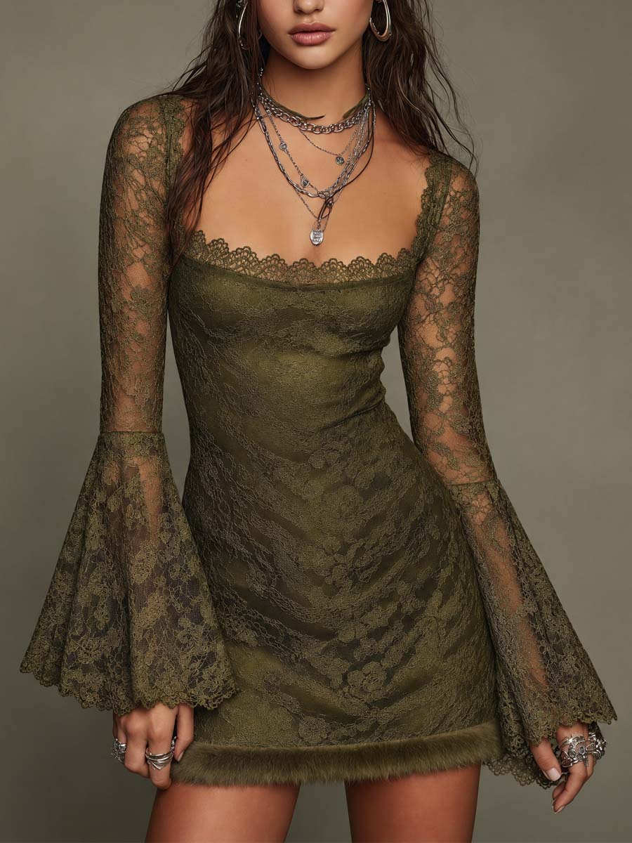 Olive Green Lace Square Neck Bell Sleeve Bodycon Mini Dress with Faux Fur Hem