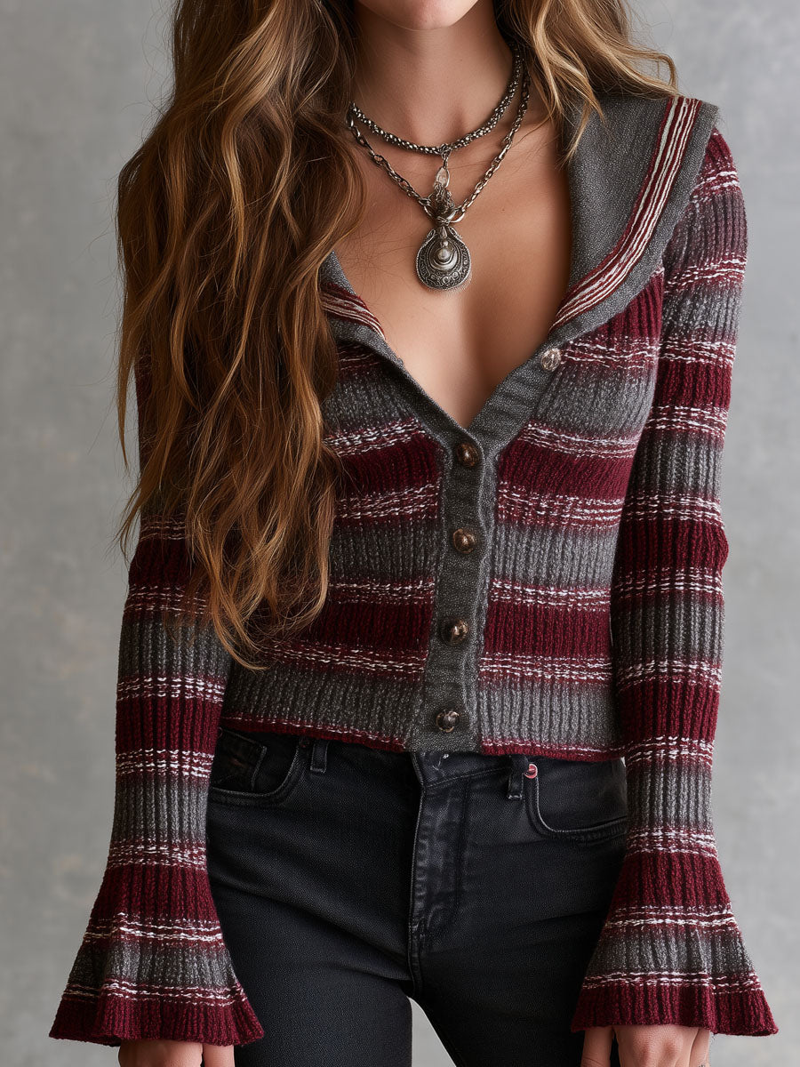 Lapel Collar And Bell Sleeves Burgundy Gray Striped Knit Cardigan