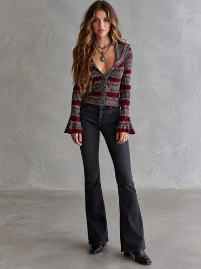 Lapel Collar And Bell Sleeves Burgundy Gray Striped Knit Cardigan