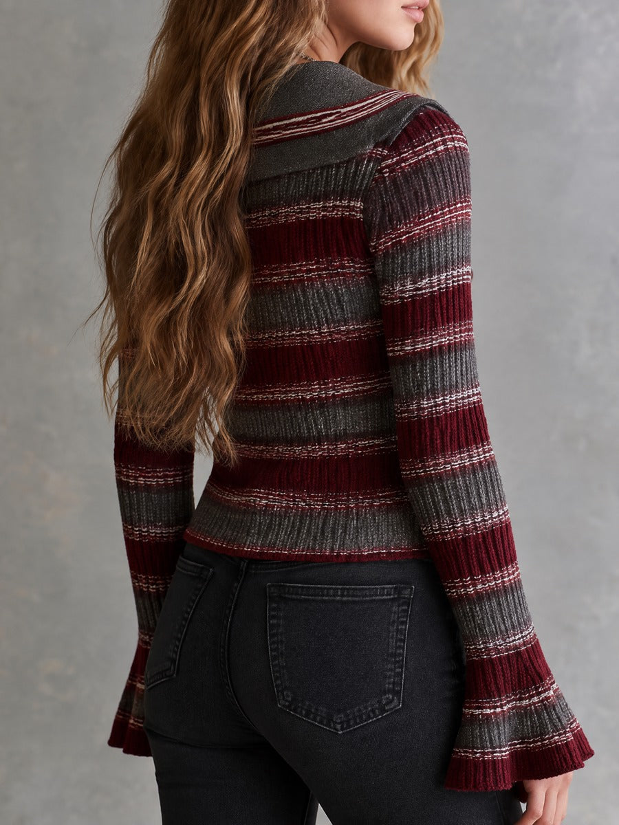 Lapel Collar And Bell Sleeves Burgundy Gray Striped Knit Cardigan