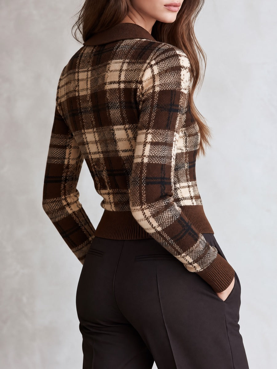 Vintage Brown Plaid Knit Sweater Cardigan With Colla