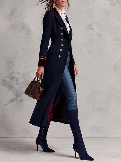 Women's Navy Military Double-Breasted Coat with Burgundy Velvet Collar