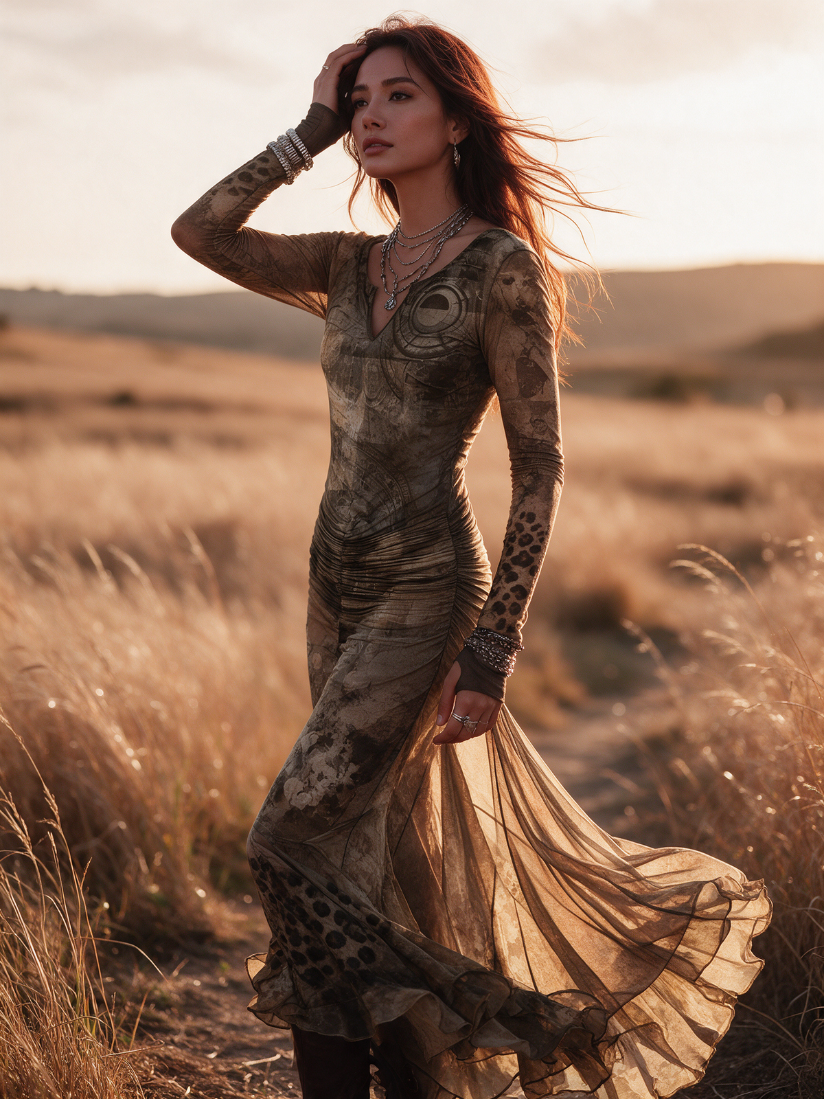 Women's Khaki Vintage Leopard Print Long Sleeve V-Neck Ruched Mermaid Maxi Dress