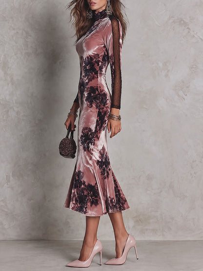 Elegant Dusty Pink Floral Print Velvet Mock Neck Long Sleeve Mesh Panel Mermaid Midi Dress