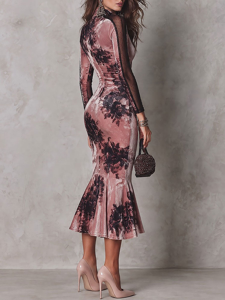Elegant Dusty Pink Floral Print Velvet Mock Neck Long Sleeve Mesh Panel Mermaid Midi Dress