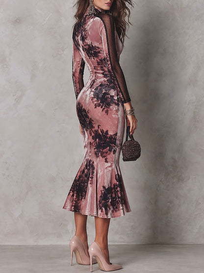 Elegant Dusty Pink Floral Print Velvet Mock Neck Long Sleeve Mesh Panel Mermaid Midi Dress