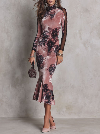 Elegant Dusty Pink Floral Print Velvet Mock Neck Long Sleeve Mesh Panel Mermaid Midi Dress