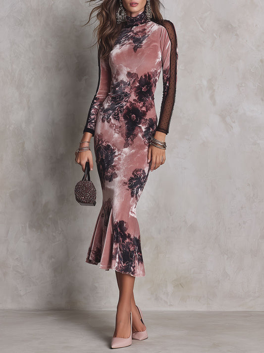 Elegant Dusty Pink Floral Print Velvet Mock Neck Long Sleeve Mesh Panel Mermaid Midi Dress