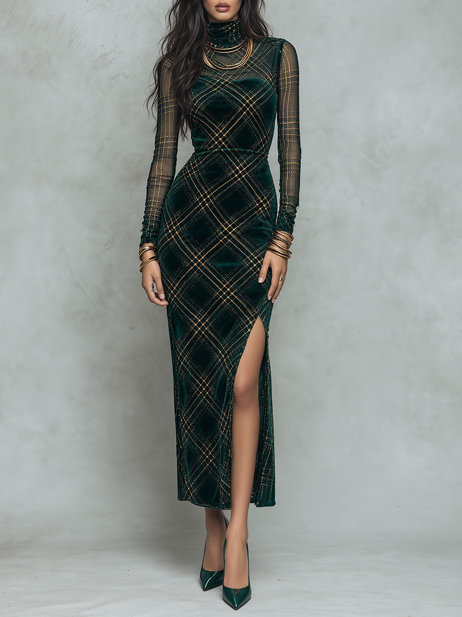 Christmas Velvet Gold Plaid Mock Neck Sheer Mesh Long Sleeve Bodycon Midi Dress with Slit