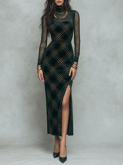 Christmas Velvet Gold Plaid Mock Neck Sheer Mesh Long Sleeve Bodycon Midi Dress with Slit