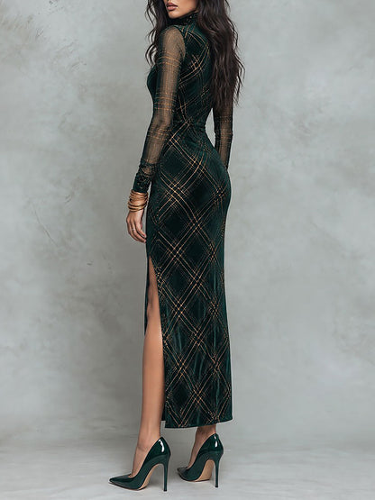Christmas Velvet Gold Plaid Mock Neck Sheer Mesh Long Sleeve Bodycon Midi Dress with Slit
