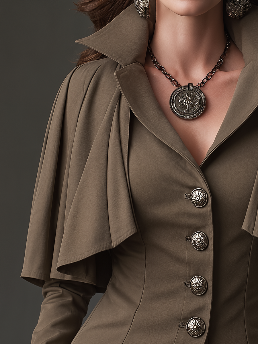 Vintage Taupe Brown Cape Shoulder Button Front Fitted Jacket