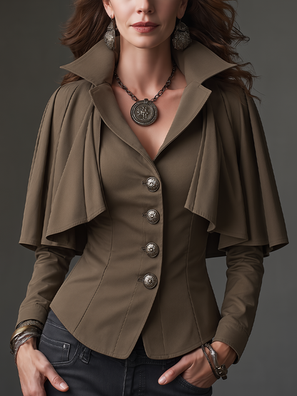 Vintage Taupe Brown Cape Shoulder Button Front Fitted Jacket