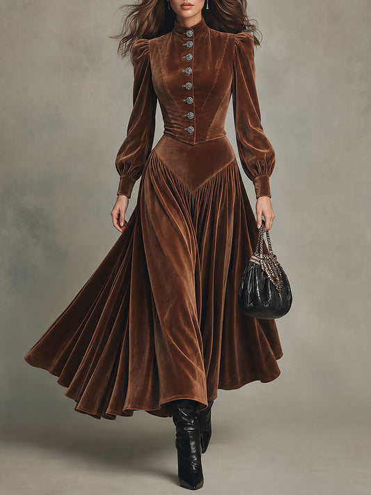 Vintage Brown Velvet Puff Long Sleeves Maxi Dress with Button Front