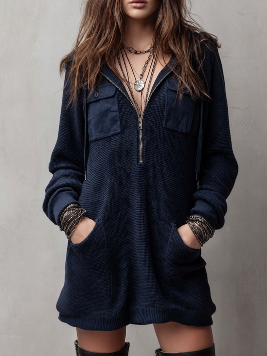 Vintage Half-Zip Hooded Waffle Knit Sweater Mini Dress