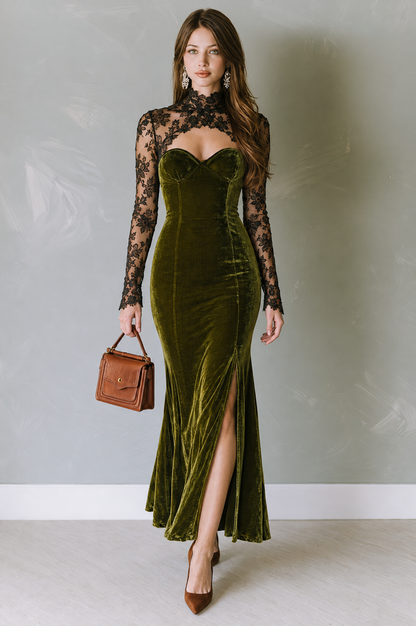 Retro Elegant Olive Green Velvet Mermaid Maxi Dress With Black Lace Panel