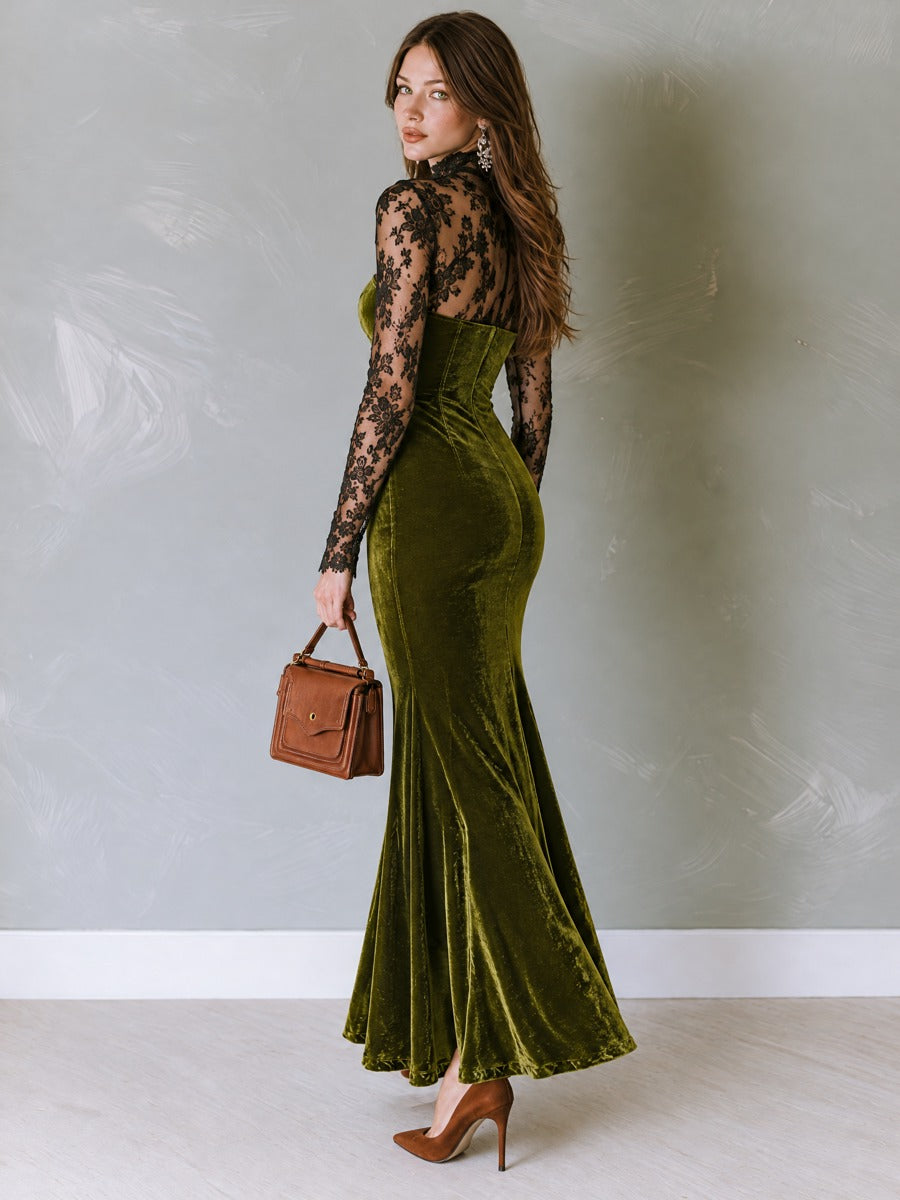 Retro Elegant Olive Green Velvet Mermaid Maxi Dress With Black Lace Panel