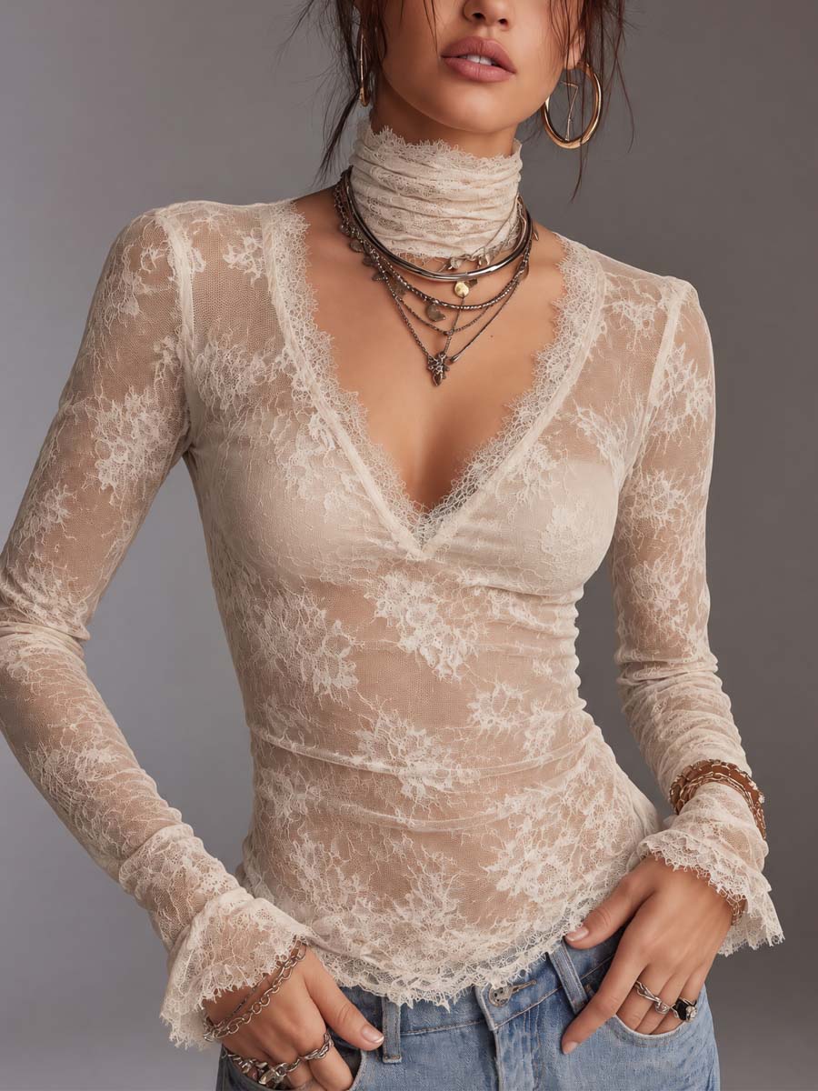 Ivory Sheer Floral Lace Deep V-Neck Long Sleeve Fitted Top with Eyelash Lace Trim
