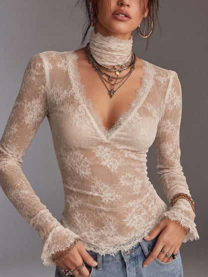 Ivory Sheer Floral Lace Deep V-Neck Long Sleeve Fitted Top with Eyelash Lace Trim