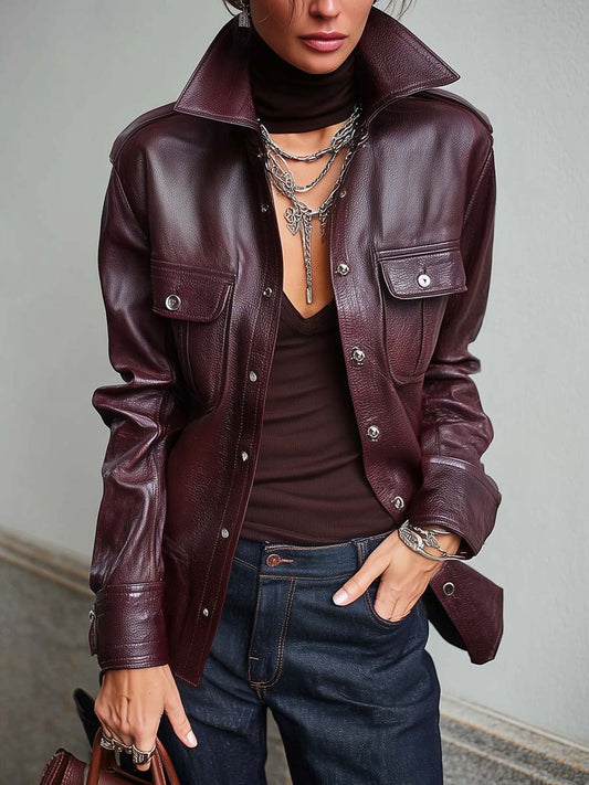 Women's Burgundy Texture Faux Leather Shirt Jacket