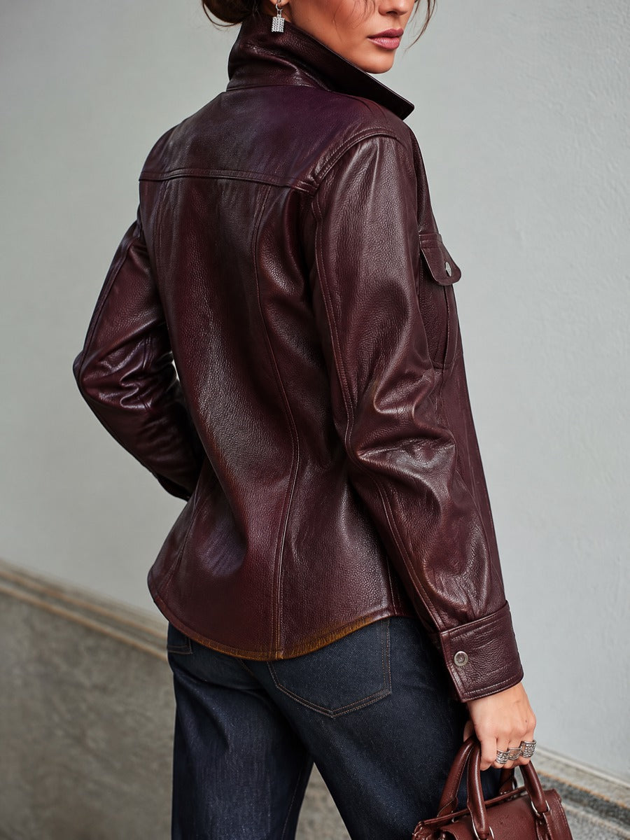 Women's Burgundy Texture Faux Leather Shirt Jacket