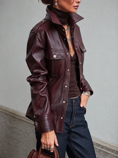 Women's Burgundy Texture Faux Leather Shirt Jacket