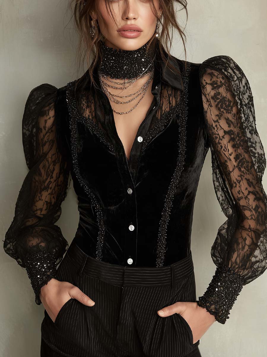 Vintage Lace Puff Sleeves And Beaded Trim Polyester Velvet Blouse