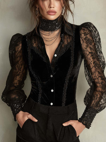 Vintage Lace Puff Sleeves And Beaded Trim Polyester Velvet Blouse