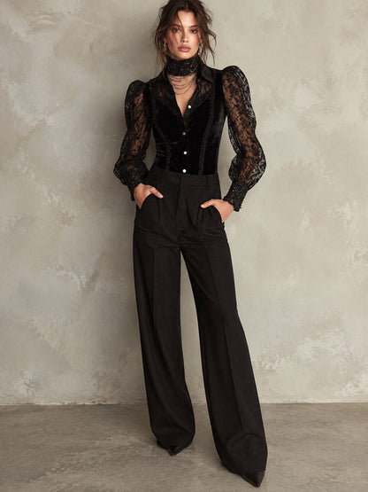 Vintage Lace Puff Sleeves And Beaded Trim Polyester Velvet Blouse
